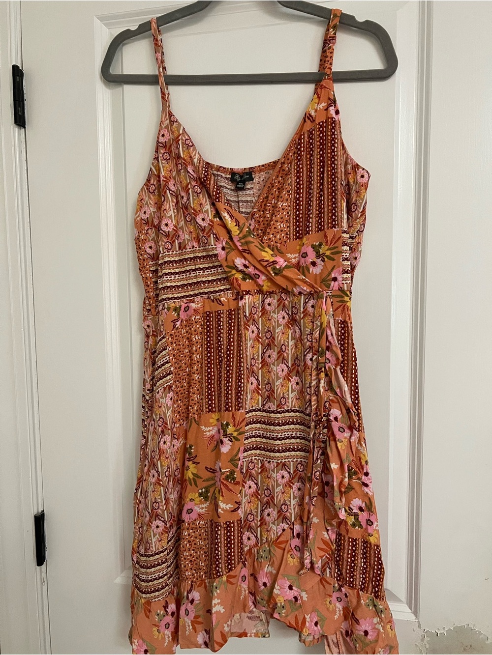 Floral Patchwork Wrap Long Top - Pink & Orange